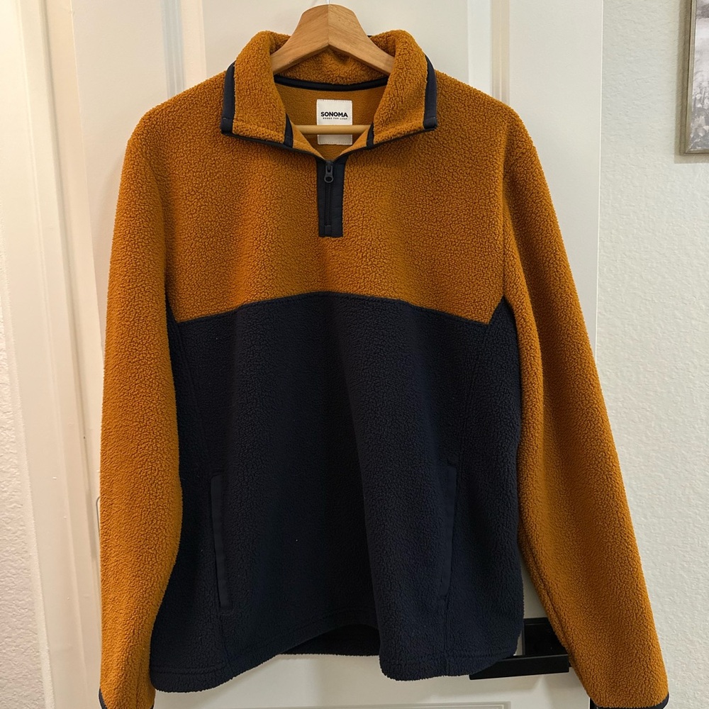 Sonoma Two-Tone Sherpa Quarter-Zip Sweater - Mustard & Navy